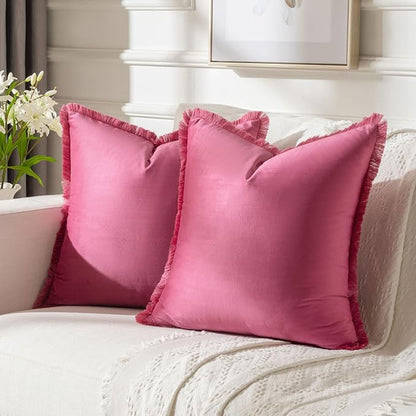 FUTEI Hot Pink Velvet Decorative Throw Pillow Covers 18x18 Set of 2,Soft Cozy Edge with Tassels Cushion Case,Boho Modern Home Decor for Couch Bed Living Room