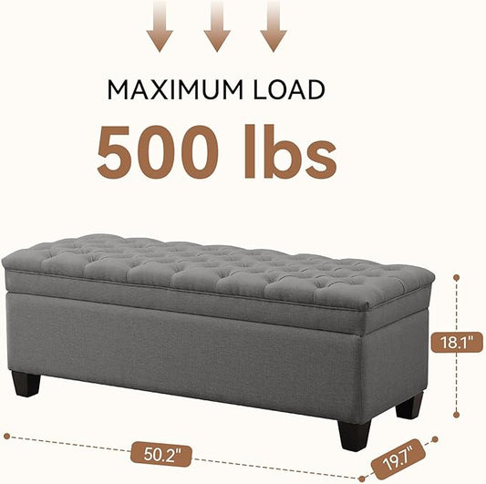 50" Storage Ottoman Bench, Rectangular End of Bed Storage Bench, Upholstered Large Fabric Tufted Ottoman with Storage for Living Room, Bedroom, Entryway,Dark Gray