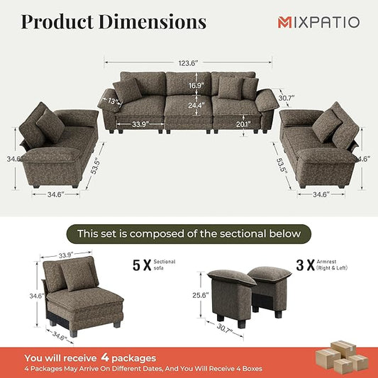L-Shaped Cloud Modular Sofa Set, Deep Seat 3-Piece 5-Seater Sectional Couch & Removable Arms, Plush Chenille for Living Room - Smoky Gray