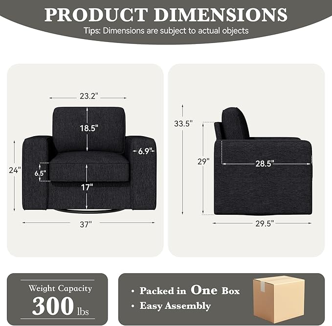 Swivel Accent Sofa Chair Set of 4, Modern Comfy Oversized Upholstered Cushion Back Armchair in Linen 1pcs for Living Room, Bedroom, Reading Room(Black)