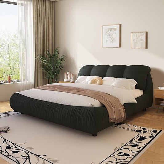 King Size Upholstered Platform Bed with Oversized Padded Backrest and Solid Wood Frame for Bedroom, Apartment Room, Black