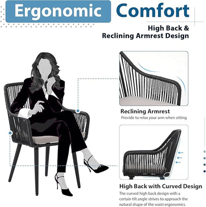 JOIVI Patio Dining Chairs Set of 2, Outdoor Rattan Chairs with Armrest and Cushions for Outside Lawn, Garden, Backyard, Indoor, Outdoor Dining Chairs, 350lb Weight Capacity, Black Patio Chairs