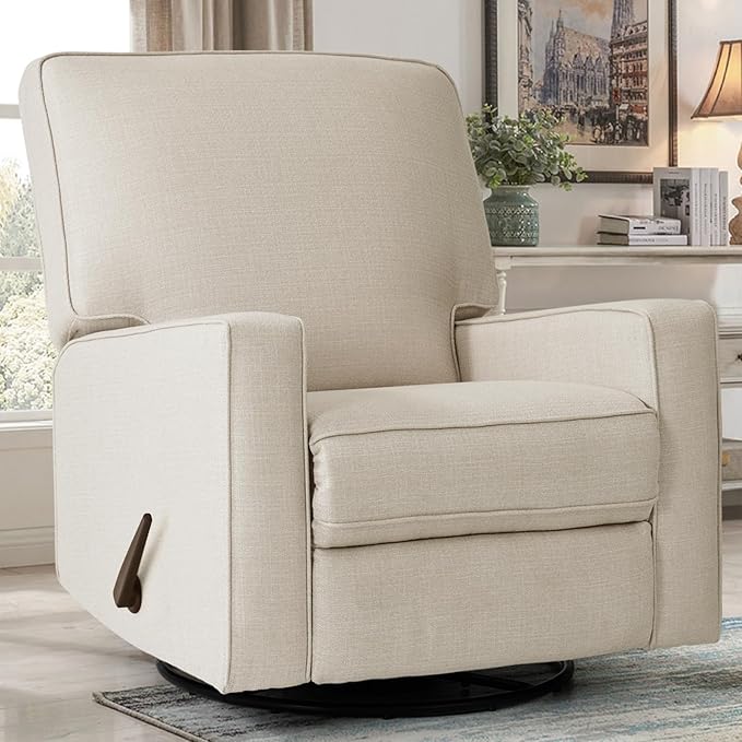 Harkawon Swivel Rocker Recliner Chair, Glider Rocker Recliner, Rocking Chair Nursery, Fabric Chair with High Back, Deep Seat, for Living Room, Bedroom, Beige+Brown
