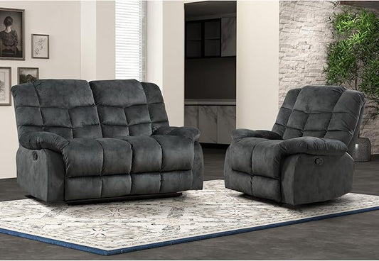 EBELLO Manual Recliner Couch Set, Soft Fabric Reclining Living Room Set, Included SinglAe Recliner Chair and Loveseat Sofa, Grey Green