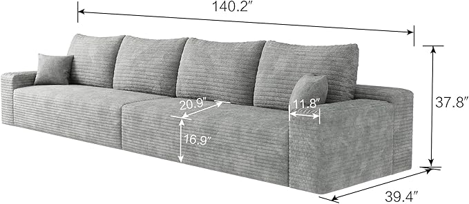 140.2" Cloud Modular Gray Sofa, 4-Seater Upholstered Couches for Living Room, Modern Minimalist Deep Seat Boneless Couch, No Assembly Required, Plush Corduroy Fabric