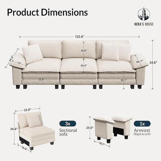 HERA'S HOUSE 124" Modular Sectional Sofa, Oversized Couches for Living Room, Comfy Cloud Couch 3-Seater Deep Seat Sofa with Throw Pillow, Chenille Beige