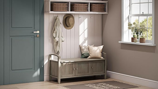 SIMPLIHOME Warm Shaker Entryway Storage Bench - 44 inch Wide Solid Wood Storage Seat in Distressed Grey, Transitional Bench Seat for Mudroom or Living Room with Lift-Up Lid and Shaker-Style Panels