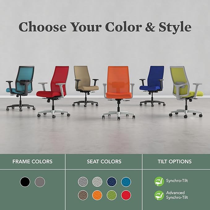 HON Ignition 2.0 Mid Back Task Chair, Spectrum Mesh, Standard Synchro-Tilt Control, Office Chair with Lumbar Support, Height and Width Adjustable Arms, Titanium Frame, Blueberry