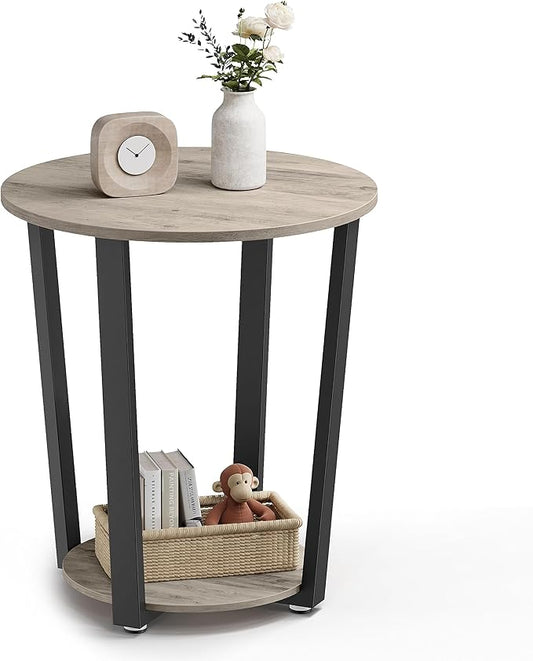 VASAGLE Round Side End Table, 2-Tier Accent Bedside Table with Storage Shelf, Easy Assembly, Nightstand for Small Spaces, Living Room, Bedroom, Heather Greige and Ink Black ULET057B02