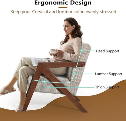 Bonzy Home Mid-Century Modern Accent Chair with Wood Frame, Upholstered Armchair for Bedroom & Living Room, Linen Fabric Cushion, Z-Shaped Armrest Design, Sturdy Lounge Chair,Brown