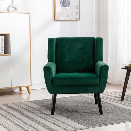 Dolonm Midcentury Modern Velvet Accent Chair with Arms, Upholstered Reading Side Chair Tufted Back Decorative Wingback Chair for Living Room Bedroom (Retro Green)