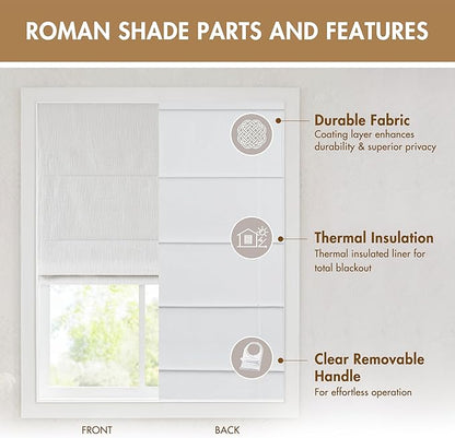 Madison Park Cordless Roman Shades, Total Blackout Window Blind Privacy Window Shades, Thermal Insulated Cordless Window Treatment for Bedroom, Living Room, Quincy, Single Panel 27" W X 64" H White