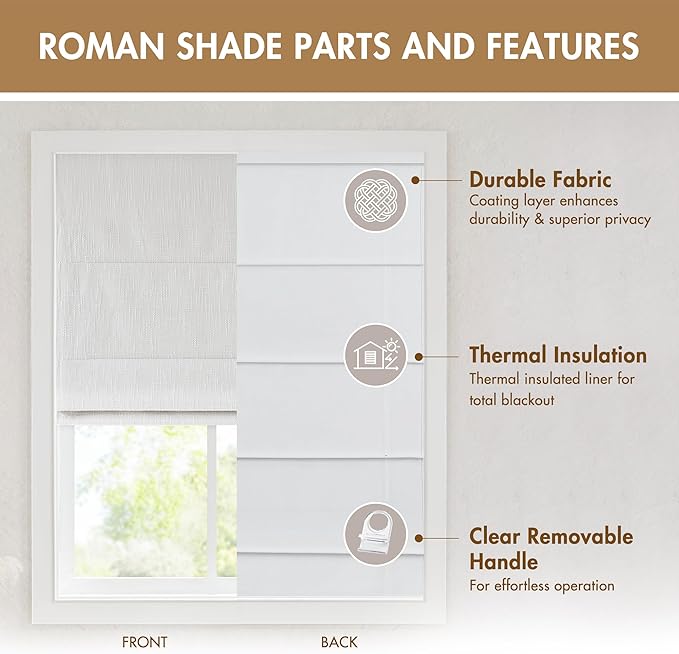 Madison Park Cordless Roman Shades, Total Blackout Window Blind Privacy Window Shades, Thermal Insulated Cordless Window Treatment for Bedroom, Living Room, Quincy, Single Panel 29" W X 64" H White