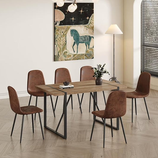 6 Chair Dining Table Set，Dinner Table Set for 6, 55'' Kitchen Table and Suede Nap Fabic Chairs Set of 6, 7 Piece Dining Table Set for Kitchen Dining Room