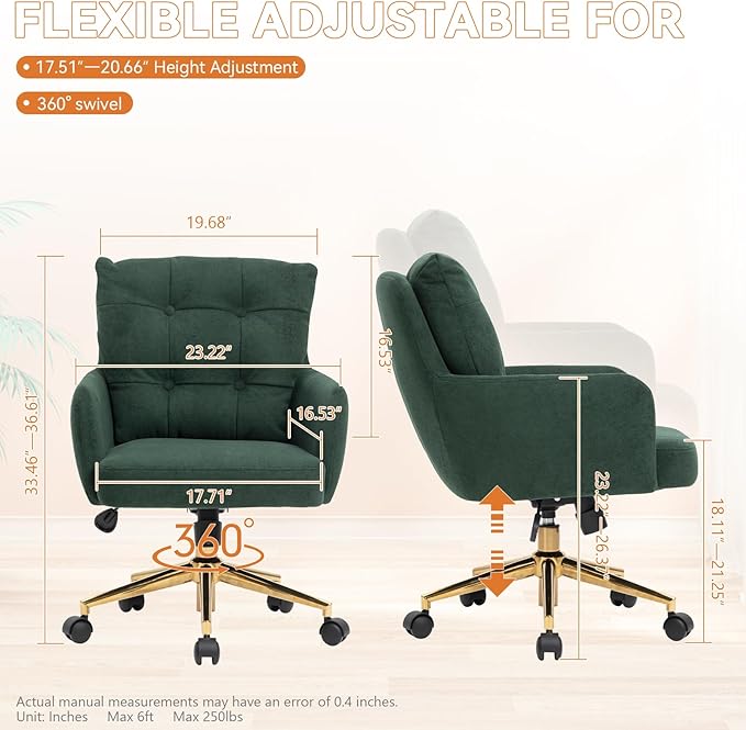Velvet Office Chair, Comfy Home Office Desk Chairs with Lumbar Support, Modern Velvet Desk Chair Gold Legs Small Swivel Task Chair for Home Office, Bedroom, Study (Green, L)