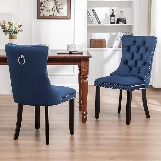 Velvet Dining Chairs Set of 2, Tufted Dining Room Chairs with Nailhead Ring Pull Trim, Upholstered Dining Chairs with Solid Wood Legs for Kitchen Dining Room (Blue)