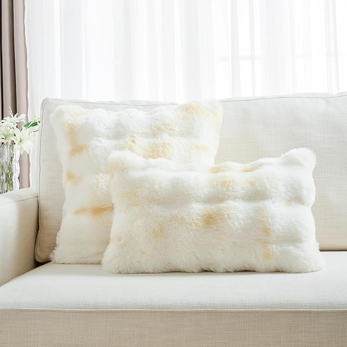 FUTEI Yellow White Decorative Throw Pillow Covers 24x24 Inch Set of 2,Soft Fuzzy Faux Rabbit Fur European Cushion Covers with Raised Texture,Neutral Boho Home Decor for Couch Bed Living Room