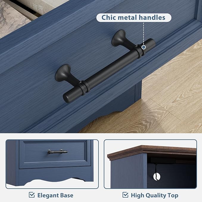 Blue Nightstand with Charging Station, Farmhouse End Table with 2 Drawers, Bedside Table with Space-Saving Storage Cabinet, Unique Base Design for Bedroom, Living Room