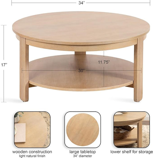 Kate and Laurel Foxford Tiered Round Coffee Table; 34 x 34 x 17; Light Natural; Transitional Two-Tier Circle Living Room Table with Storage and Resilient Wood Construction