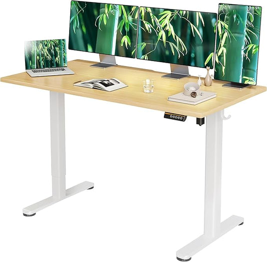 Claiks Bamboo Electric Standing Desk, Adjustable Height Stand up Desk, 55x24 Inches Sit Stand Home Office Desk with Splice Board, White Frame/BambooTop