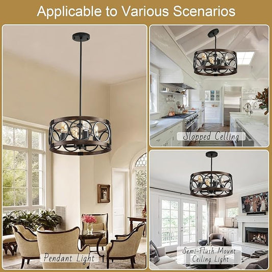 Light Fixture Ceiling Mount Kitchen 4 Light Semi Flush Mount Ceiling Light Fixture Black Rustic Farmhouse Chandelier for Dining Room Light Fixture with Adjustable Height