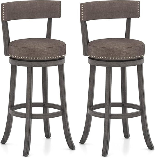 COSTWAY Bar Stools Set of 2, Upholstered Farmhouse Bar stools with Cushioned Seat & Backrest, Solid Wood Legs, Footrest, 31” Bar Height Swivel Stools for Kitchen Island, Pub (2, 31'' Seat Height)