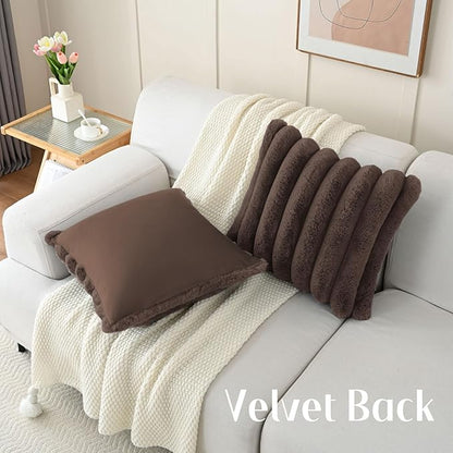 FUTEI Dark Coffee Decorative Throw Pillow Covers 16x16 Inch Set of 2, Square Soft Faux Rabbit Fur Big Striped Cushion Cover,Home Decor for Couch Sofa Bed Living Room