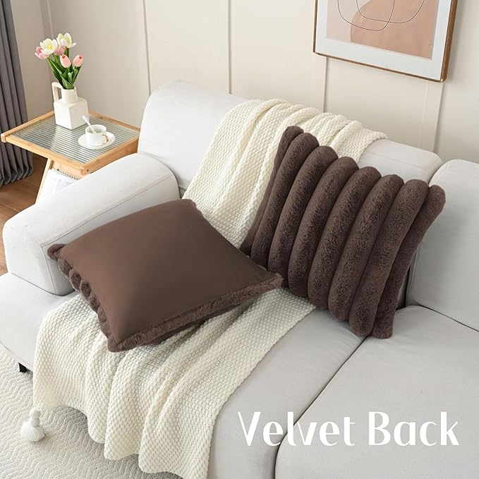 FUTEI Dark Coffee Decorative Throw Pillow Covers 26x26 Inch Set of 2, Square Soft Faux Rabbit Fur Big Striped Pillow Sham,Home Decor for Couch Sofa Bed Living Room