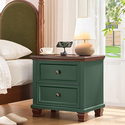Farmhouse Nightstand Set of 2 for Bedroom, Mid-Century Low Nightstands with 2 Drawers & Charging Station, Vintage Night Stands with 4 Square Solid Wood Legs, Small Dresser for Home, Green