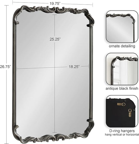 Kate and Laurel Traditional Rounded Rectangle Ornate Mirror; 20 x 27; Black; Ornamental Round Rectangular Classic Framed Wall Mirror for Bathroom Vanity or Fireplace Mantel