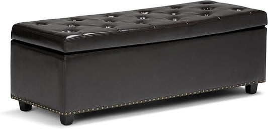 SIMPLIHOME Hamilton 48 inch Wide Transitional Rectangle Storage Ottoman in Coffee Brown Vegan Faux Leather, Assembled, For the Living Room, Entryway and Family Room