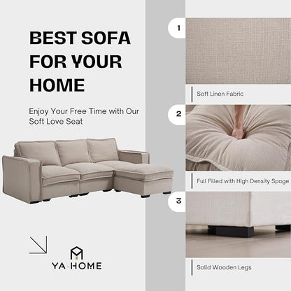 Modern Sectional Sofa for Living Room, Upholstered 3-Seater Modular Couches Linen Fabric L-Shaped Sofa with Ottoman for Home Furniture, Oatmeal