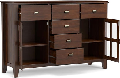SIMPLIHOME Artisan Buffet - 54 inch Wide Solid Wood 3-Door Sideboard Buffet in Russet Brown, Transitional Storage Cabinet for Dining Room or Kitchen with Adjustable Shelves and Bronze Hardware