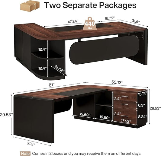 Tribesigns 81'' L-Shaped Executive Desk, Large Modern Office Desk with Drawers and File Cabinet for Home or Business Workspace, Computer Desk with Storage Shelves, Walnut & Black