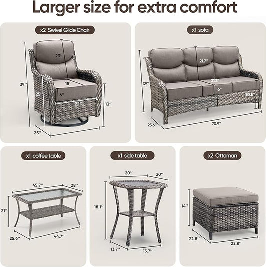 Swivel Patio Chairs sofa Set of 9 with 6" Thick Cushion - Wicker Outdoor Swivel Rocker Patio Chair ,Sofa/Glass coffee table, High Back Comfortable Outdoor Glider Chairs - Grey Wicker | Grey Cushions