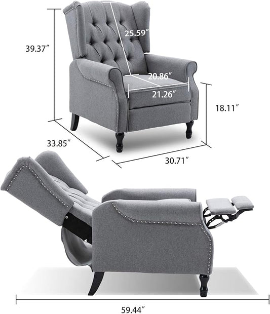 Pushback Recliner Chair, Modern Accent Arm Chair, Fabric Wingback Chair for Living Room Bedroom, Grey