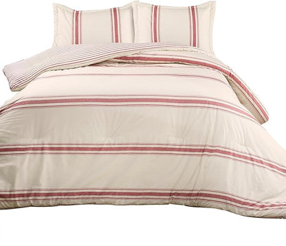 Lush Decor Farmhouse Stripe Reversible Cotton Comforter Set, 3 Piece Set, King, Red - Cozy F𝚊rmhouse Bedding Set - Rustic Decor - Striped Comforter - Modern Farmho𝚞se Bedroom Decor
