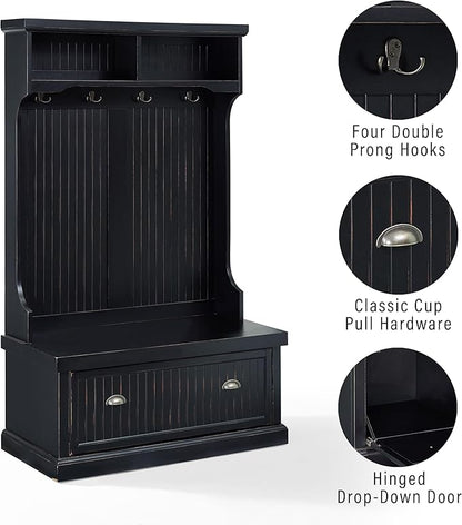 Crosley Furniture Seaside Hall Tree with Shoe Rack Bench and Coat Hooks for Hanging Storage, Distressed Black