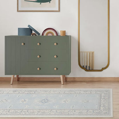 RUGGABLE Washable Vintage Runner Rug – Verena Soft Blue 2.5x7, Stain-Resistant, Non-Slip Hallway Runner – Machine Washable Rug for Hallway, Entryway, Living Room & Kitchen–with Standard Pad
