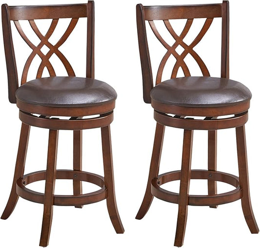 COSTWAY Bar Stools Set of 2, 360° Swivel Chairs with Rubber Wood Frame, 26 Inches PU Leather Cushioned Seat and Footrests, for Kitchen Island, Dining Room, Bar (Brown-26 inches, 2 stools)
