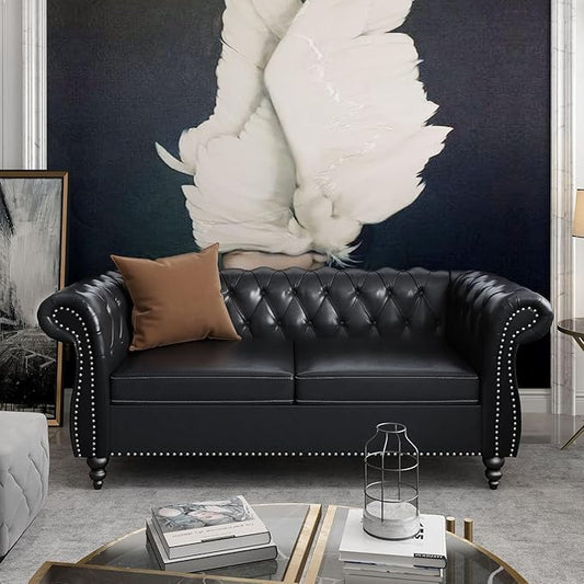 Chesterfield Loveseat Sofa, Modern Leather Small Sofa Couch 2 Seater with Rolled Arms and Nailhead, Mid Century Modern Loveseat Couch for Small Spaces Living Room Bedroom Apartment, Black