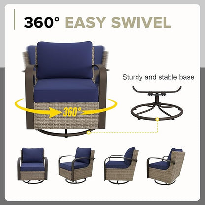 COOS BAY Aurora Terrace Half-Moon Outdoor Furniture Set, Rattan Conversation Set with Swivel Rockers, Curved 5-Seat Sofa, Coffee Table, Seats 7, Beige/Blue
