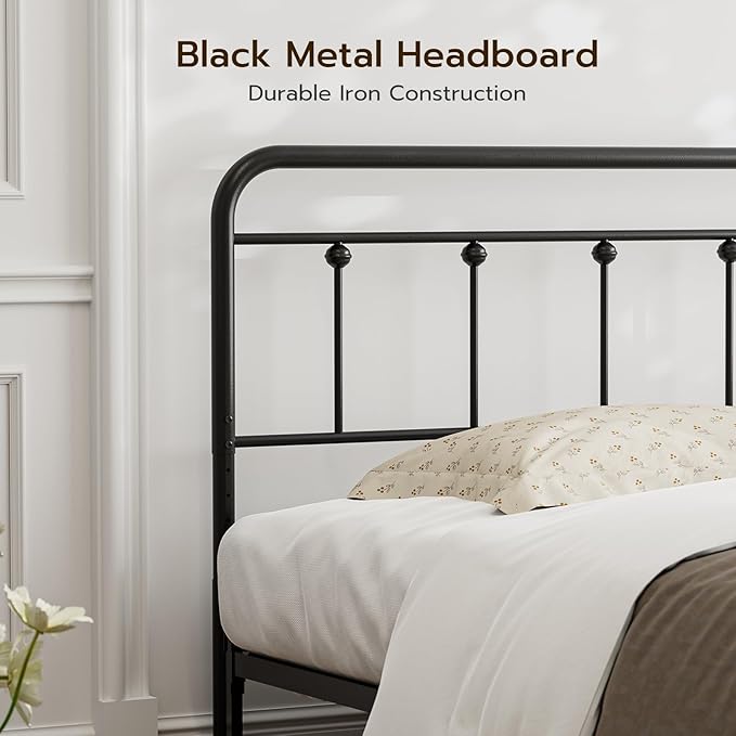Full Size Headboard with Black Metal Construction, Adjustable Height, Spindle Detail and Elegant Curves Design, Farmhouse and Vintage Style,Steel Headboard Only for Bedroom