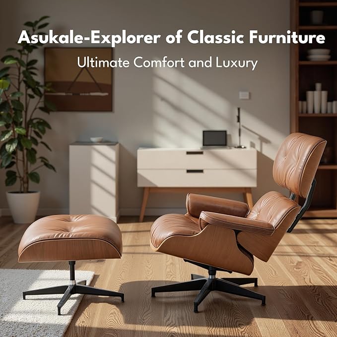 Top Grain Leather, Mid Century Chaise Lounge Chair and Ottoman, Reading Chair, Leather Accent Chair, Modern Chair, Classic Design, for Living Room Lounge Office,Retro Aged Leather, Walnut