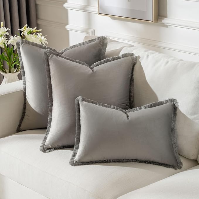 FUTEI Grey Velvet Decorative Throw Pillow Covers 24x24 Set of 2,Soft Cozy Edge with Tassels European Cushion Case,Boho Modern Home Decor for Couch Bed Living Room
