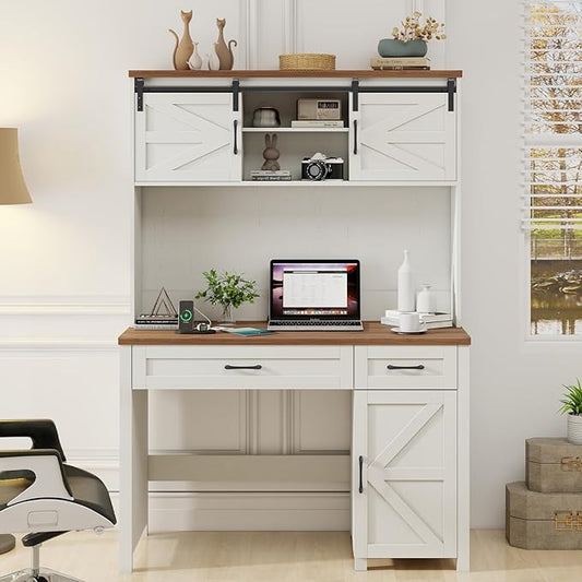 Farmhouse 47" Executive Computer Desk with 2 Drawers and Storage Cabinet, Home Office Desk with Hutch and Charging Station, Workspace for Work and Study (White&Brown).
