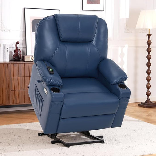 MCombo Extra Wide Power Lift Recliner Chair for Elderly, Lift Chair with Heat and Massage for Big People, USB&Type C Ports, Cup Holders, Faux Leather R7045 (Blue, Medium-Wide)