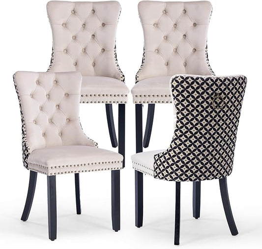Velvet Upholstered Dining Chairs Set of 4, Modern Style Kitchen Side Chairs with Nailhead Trim and Wood Legs,Metal Pulling Ring for Dining Room Living Room(Quadrangular Star&Beige)