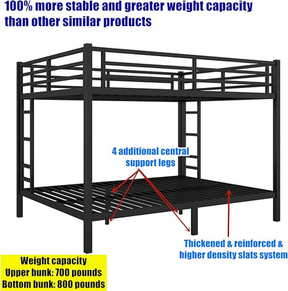 Higher Quality & Stronger Heavy Duty Industrial Style Metal Queen Over Queen Bunk Bed, Thickened More Stable Black Steel Bunkbed (Easier to Assemble)
