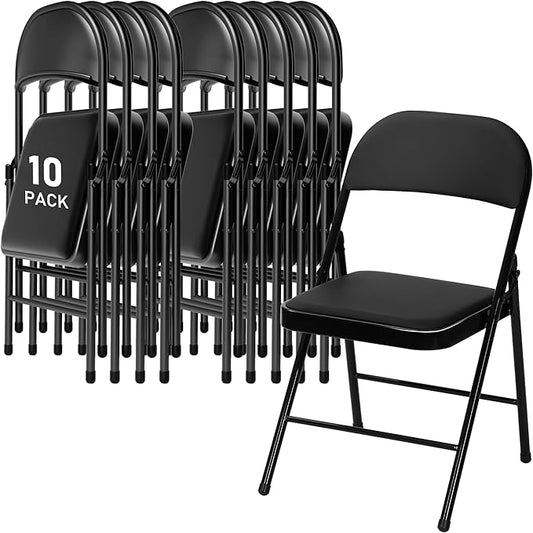 SEALAMB 10 Pack Black Folding Chairs with Padded Seats & Cushion, Durable Metal Foldable Chairs for Wedding Party, Commercial Chairs for Office School Church Events, 330lb Capacity (Black-PU, 10 Pack)